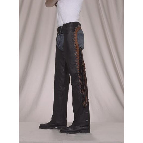 Leather Chaps With Studs, Fringe & Mesh Lining