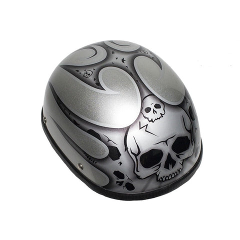 Silver Motorcycle Novelty Helmet With Burning Skull And Tribal Design