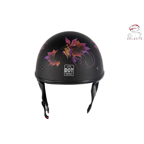 Woman's DOT Approved Low Profile Flat Black Motorcycle Helmet With Fairy & Flowers