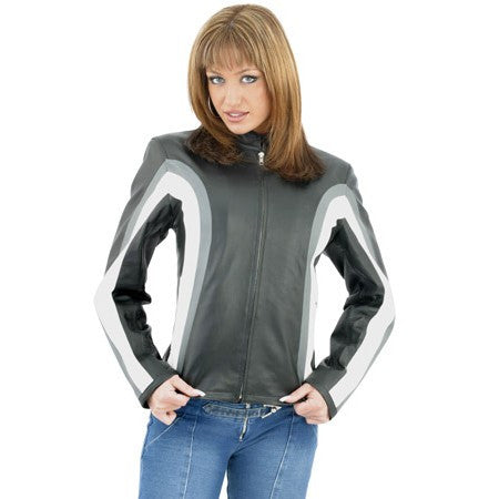 Women's Racing Leather Jacket White Grey And White Stripes