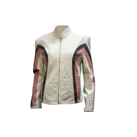 Womens Soft Leather Jacket White With Black & Pink Stripes