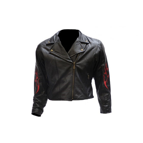 Women's Classic Leather Motorcycle Jacket With Flames