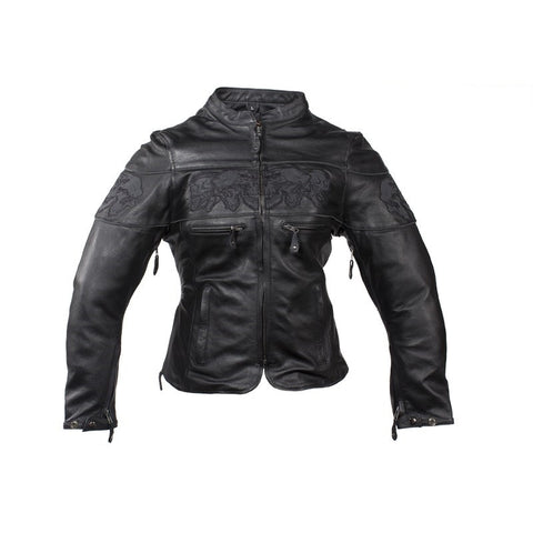 Women's Leather Motorcycle Jacket With Reflective Skulls