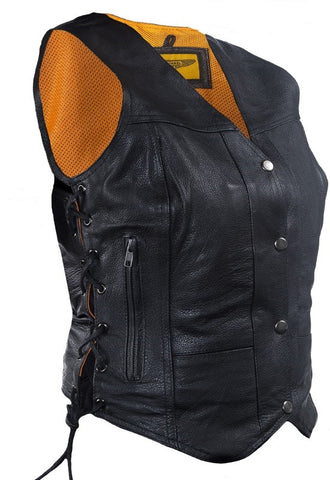 Women's Premium Leather Motorcycle Vest With 7 Pockets Laces And Gun Pockets