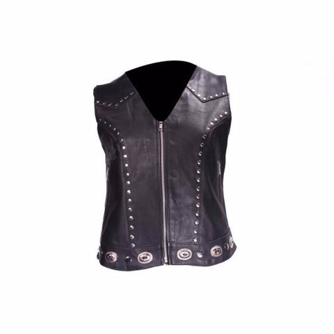 Women's Studded Leather Motorcycle Vest With Concealed Carry Pockets