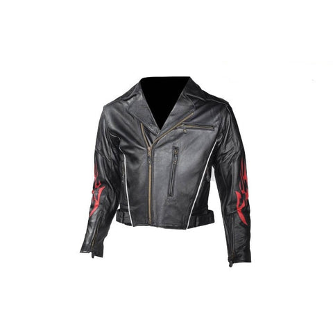 Men's Classic Style Premium Leather Jacket With Flames And Reflective Piping