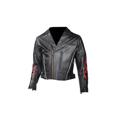 Men's Classic Style Premium Leather Jacket With Flames And Reflective Piping, Men's Leather Jacket, [product_description] - Rhino Gear