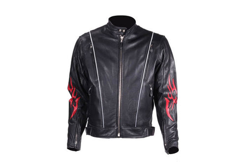 Mens Leather Racer Motorcycle Jacket With Flames And Reflective Piping