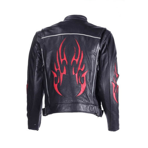 Men's Premium Heavy Duty Leather Motorcycle Racer Jacket With Flames And Reflective Piping