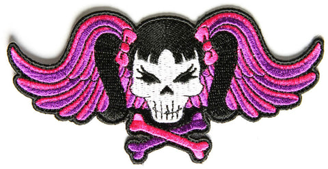 Pigtails Bow Skull and Wings Small Pink PATCH - 5x2.5 inch