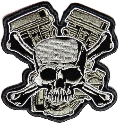 Skull and Cross Bones With Engine PATCH In OD Green - 3.8x4 inch