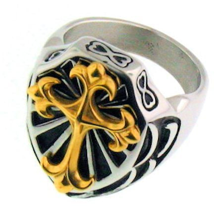 Stainless Steel Cross Ring With Gold Plated Accents