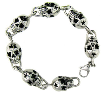 Stainless Steel Linked Skull Bracelet With Stars