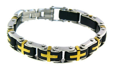 Stainless Steel & Gold Plated Bike Chain Bracelet With Gold Crosses