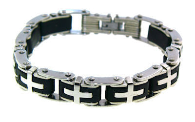 Stainless Steel/Black Bike Chain Bracelet With Silver Crosses